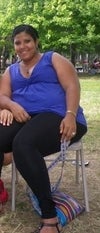 Blue blouse black tights...