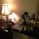 My bedside, far right is a mini refrigerator.