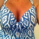 trying on bathing suit that i had from LL Bean that i used to wear a padded push up VS bikini top under!  i fill it up now :-)