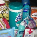 Cotton, Lysol wipes, disposable wipes to clean after #2 very useful, Dial antibacterial wash, gloves, small roller, cold pressed sesame oil, medical tape, measuring tape, gauze pads, benadryl, hibiclens, bandages, hydrogen peroxide, and  alcohol pads