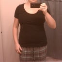 Put on a real shirt today! still squished in this sports bra though.