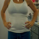 With 350 sizer on my right breast, 375 sizer on my left breast in tank top.