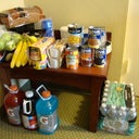 This shows some of the things I ate while I was in Miami:  Mac and cheese, canned beans, a loaf of bread, lots of gatorade, lots of water, rice, canned pasta, in the fridge I had cooked chicken breast, pineapple juice, and deli meat.